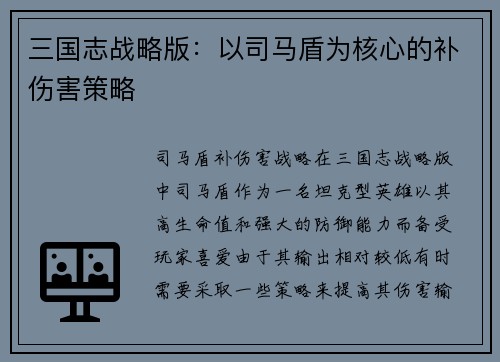 三国志战略版：以司马盾为核心的补伤害策略